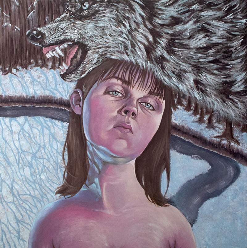 painting of female portrait with a wolf on her head