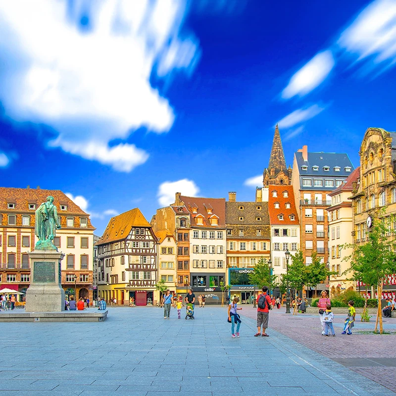 Strasbourg, France, colorful square in city with people