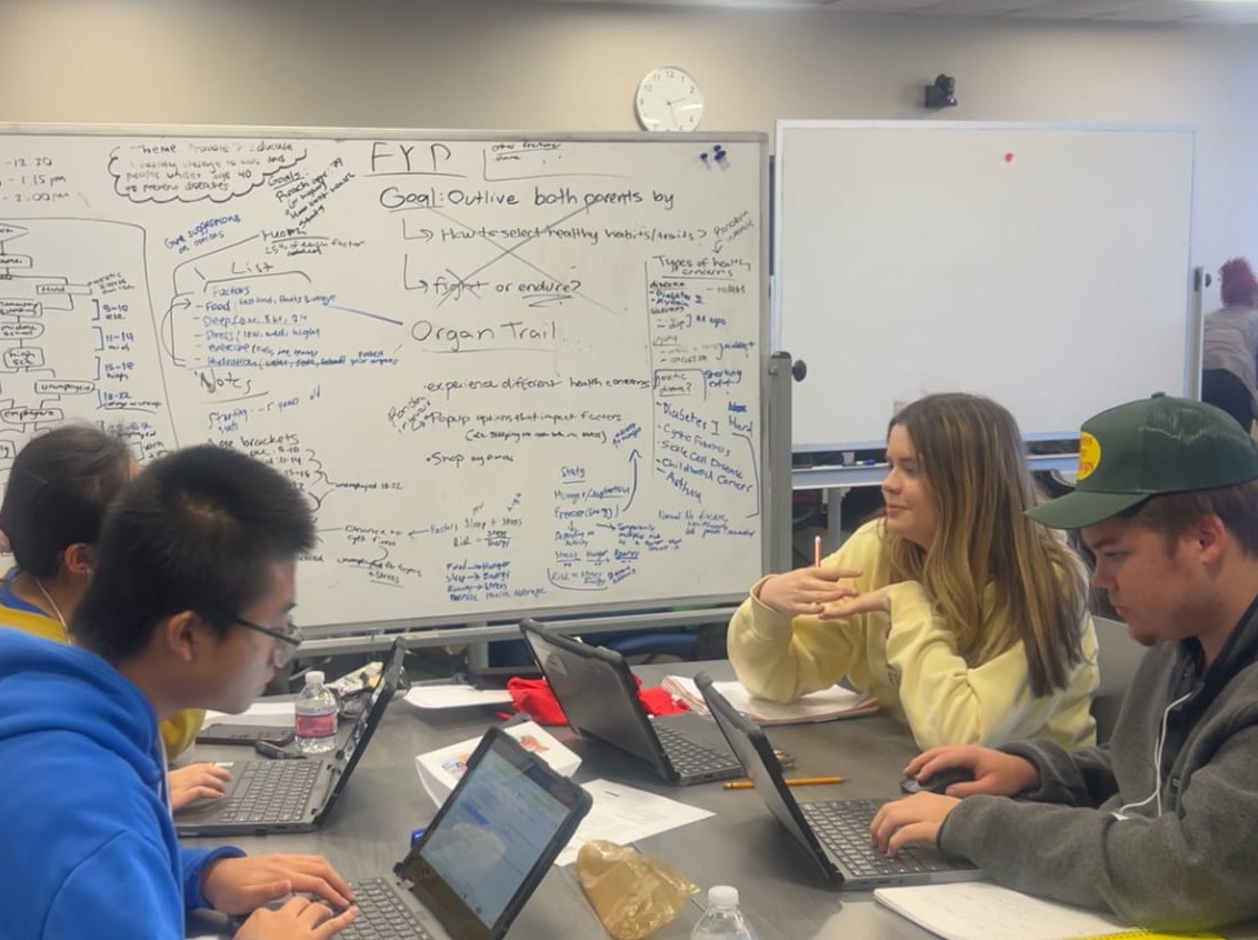 Students working on laptops with white board full of writing