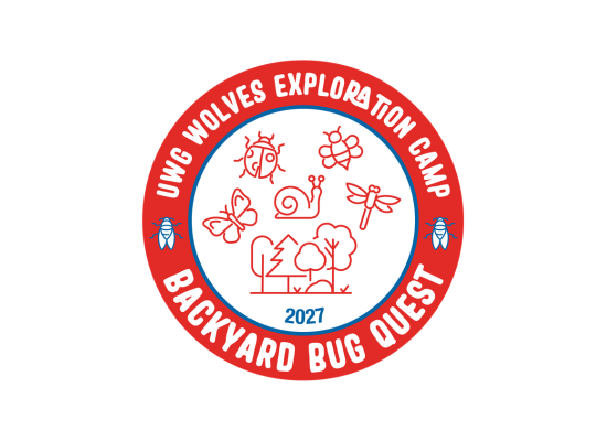Drawing of insects and trees with the text UWG Wolves Exploration Camp on the top and Backyard Bug Quest on the bottom.
