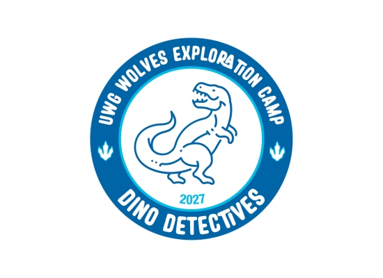 Drawing of a dinosaur with the text UWG Wolves Exploration Camp on the top and Dino Detectives on the bottom.