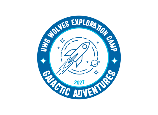 Drawing of rocket ship blasting in to outer space with the text UWG Wolves Exploration Camp on the top and Galactic Adventures on the bottom.