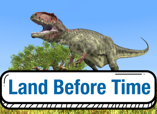 Plastic Dinosaurs with Land Before Time in Black Text