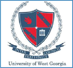 Red and blue shield with the old UWG flame in the top left corner, stars in a diagonal line in the top right and bottom left quadrant of the shield, and a white academic building icon in bottom right. Words in a banner beneath are 