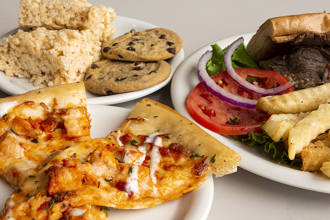 Pizza, salad, cookies