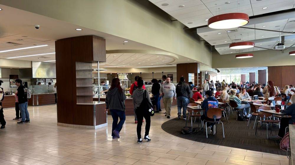 Students dining together at East Commons.