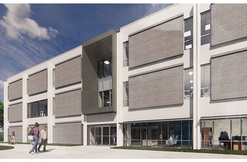 Concept rendering of the renovated Pafford building from the exterior standing in the quad on campus.