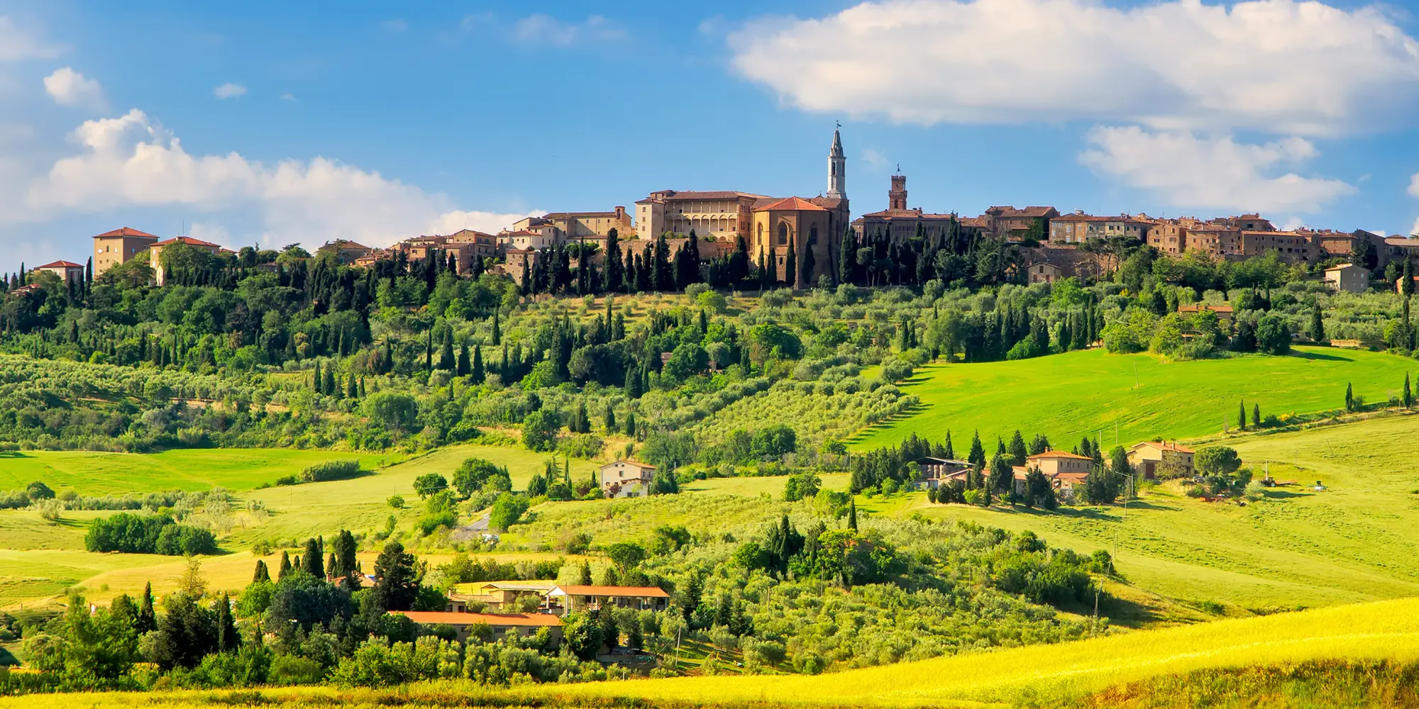 vibrant Tuscan landscape with hilltop town of Pienza