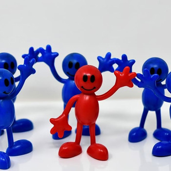 3D graphic of a group of cartoon characters waving to each other