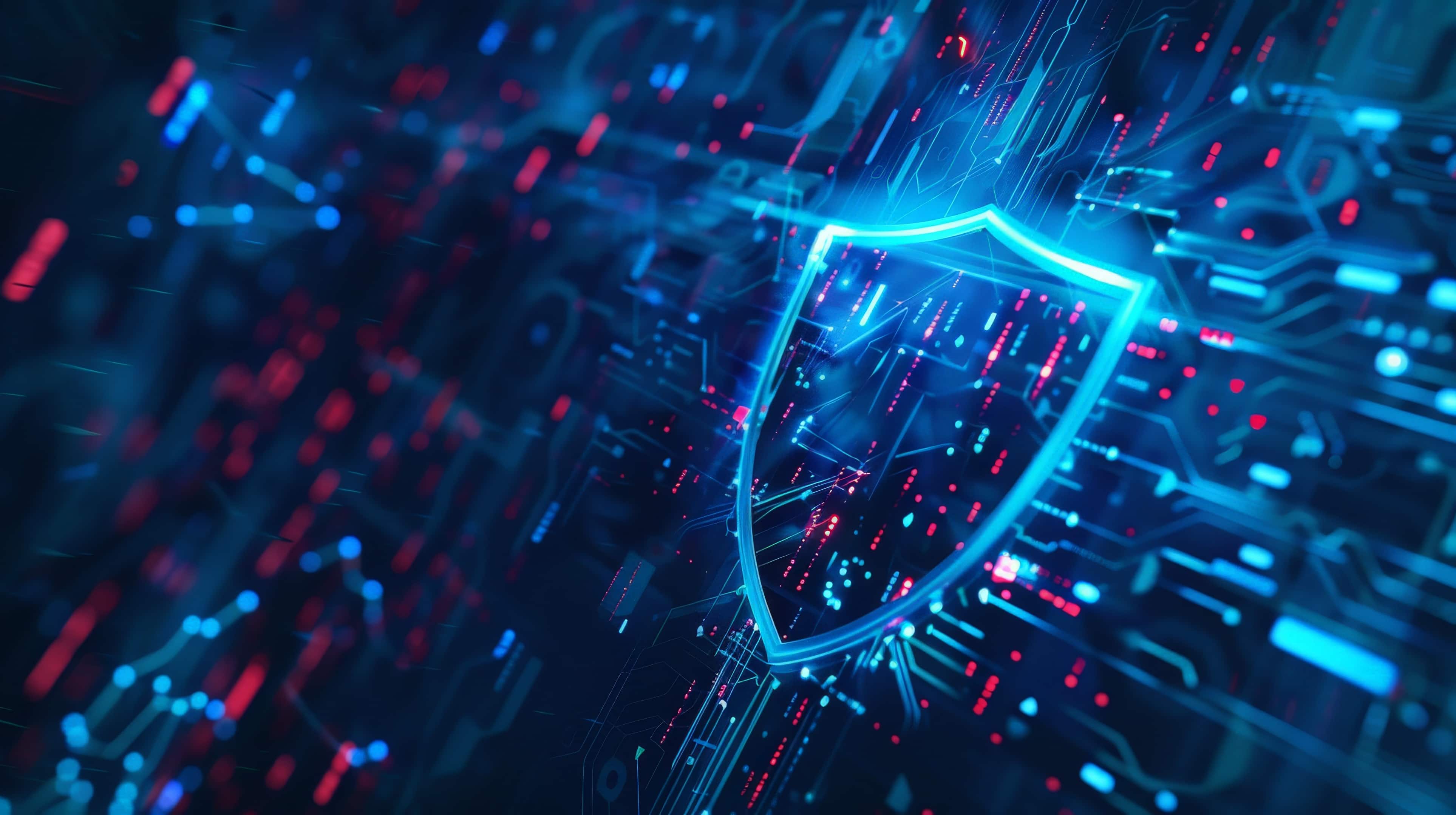 Red and blue digital screen displaying large blue shield, symbolizing cybersecurity.