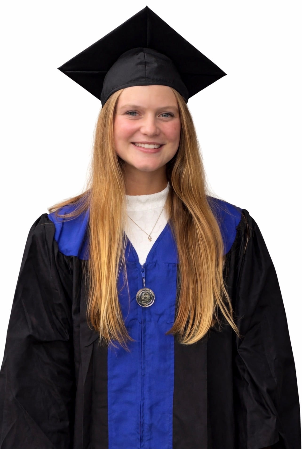 Woman in university of west georgia black and blue cap and gown
