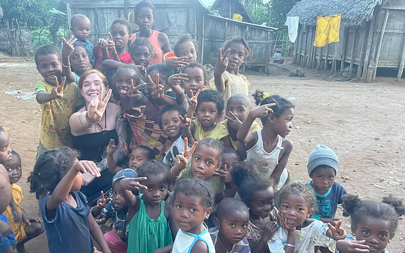 UWG alumna and Peace Corps volunteer Mackenzie Hafer with children in Madagascar