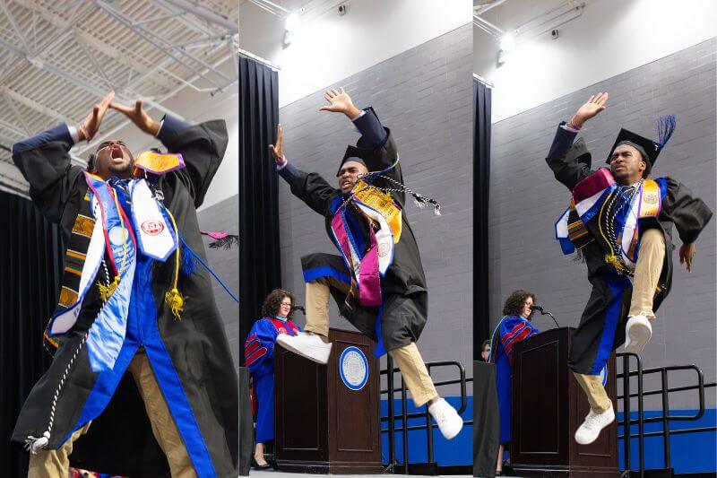 Tryptic of a UWG graduate dancing on stage