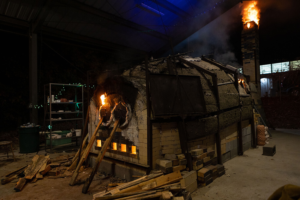 Anagama kiln at night