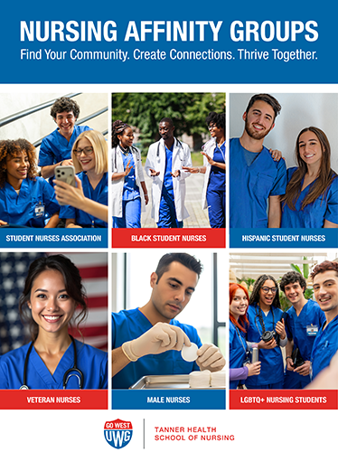 Nursing Affinity Groups poster showing student nurses in Student Nurses Association, Black Student Nurses, Hispanic Student Nurses, Veteran Nurses, Male Nurses, and LGBTQ+ Students