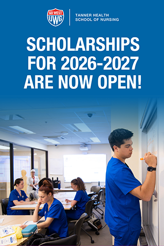 Scholarship poster with nursing students in blue scrubs attending class and one student writing on a white board. The poster says, "SCHOLARSHIPS FOR 2026-2027 ARE NOW OPEN." 