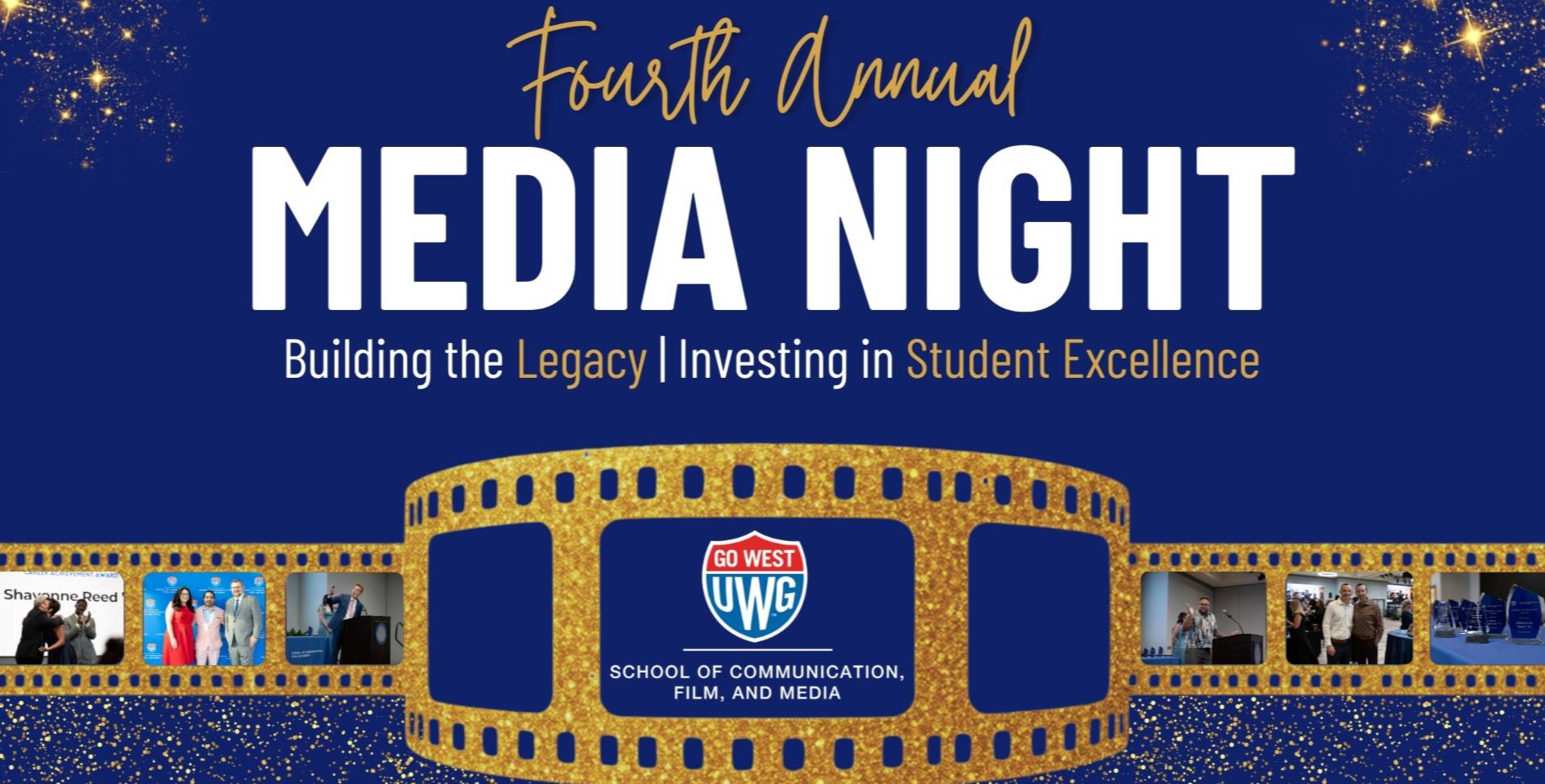 Fourth Annual Media Night: Building the Legacy | Investing in Student Excellence, there are several small photos from previous Media Nights they are group photos, individuals receiving awards, and of our student emcees speaking.