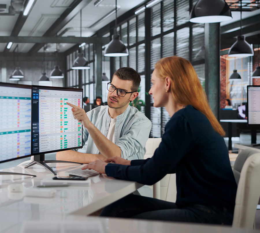 Two coworkers review data on a desktop monitor displaying a spreadsheet, with one pointing at the screen in a modern office setting.