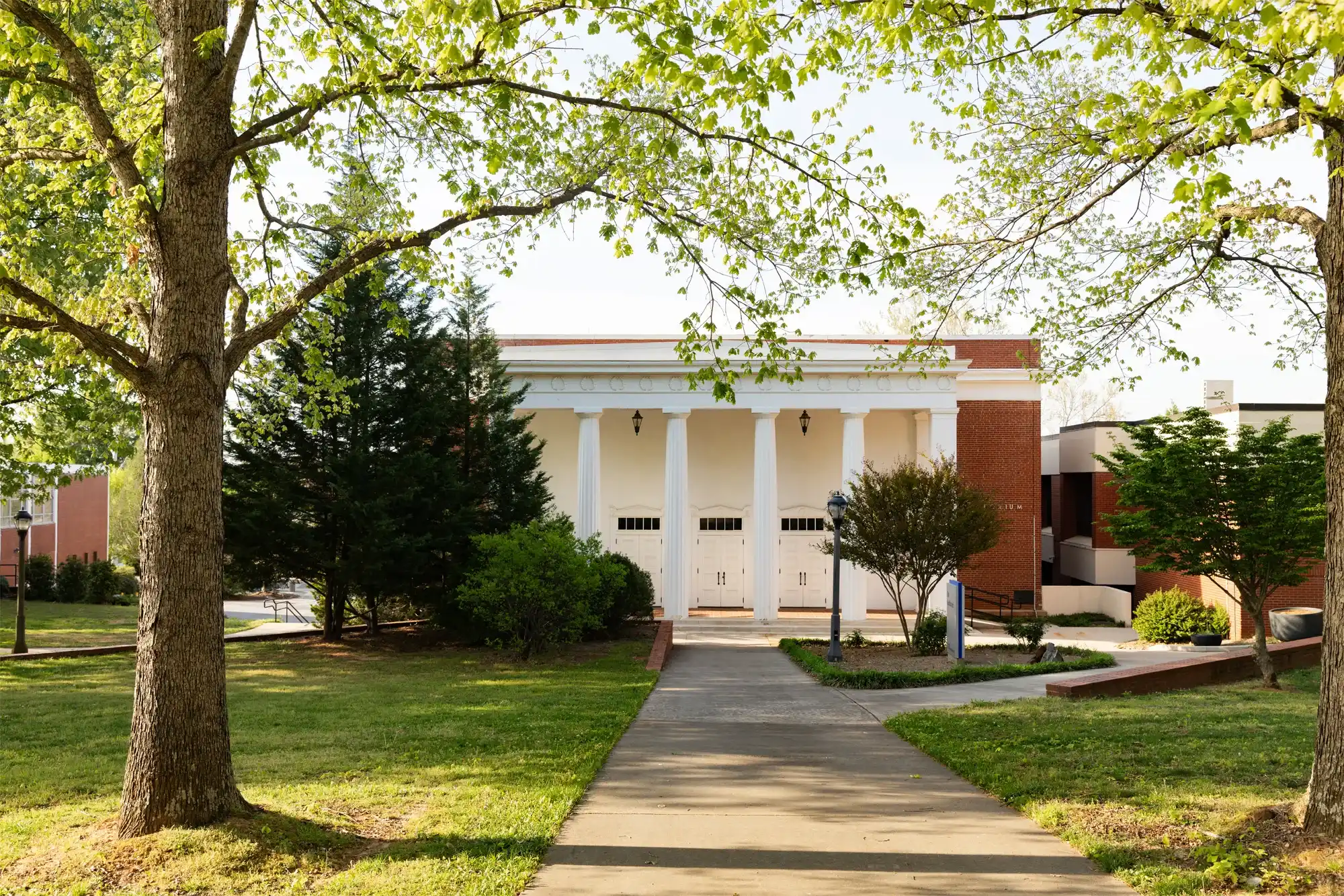 Front campus drive, highlighting greenery and administrative buildings.
