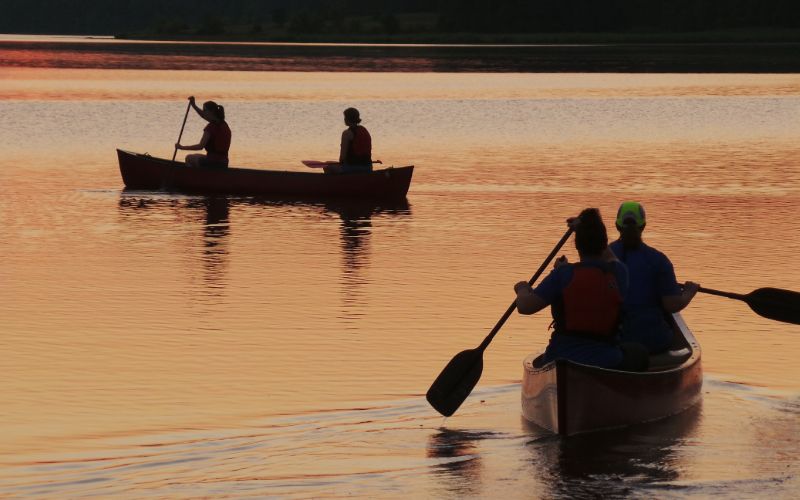 4 students canoeing at dusk