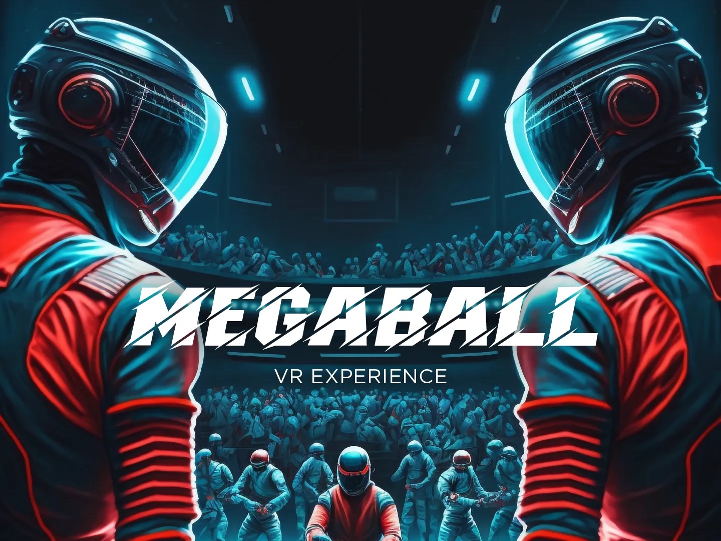 Megaball game showing people in futurisitic spacesuits in an arena.