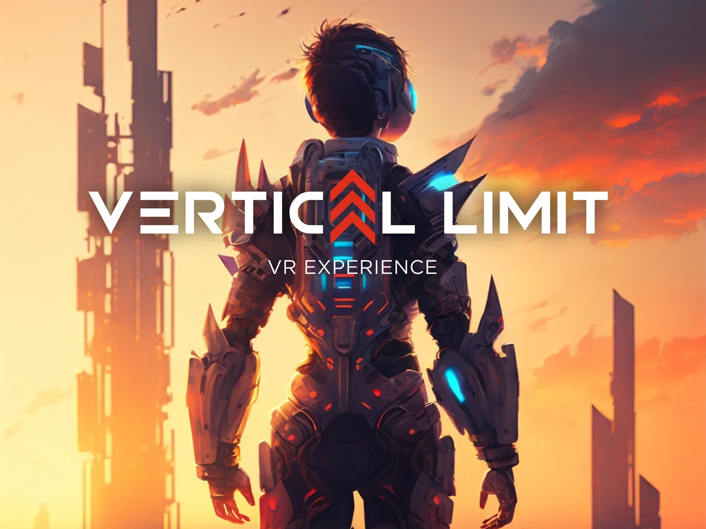 Vertical Limit game showing cybernetically modified person standing in front of towering buildings.
