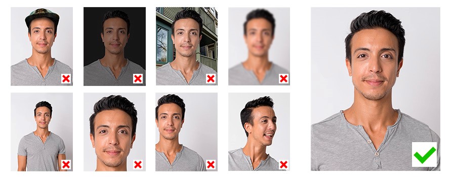 Examples of correct and incorrect id photos following the guidelines listed on this page.