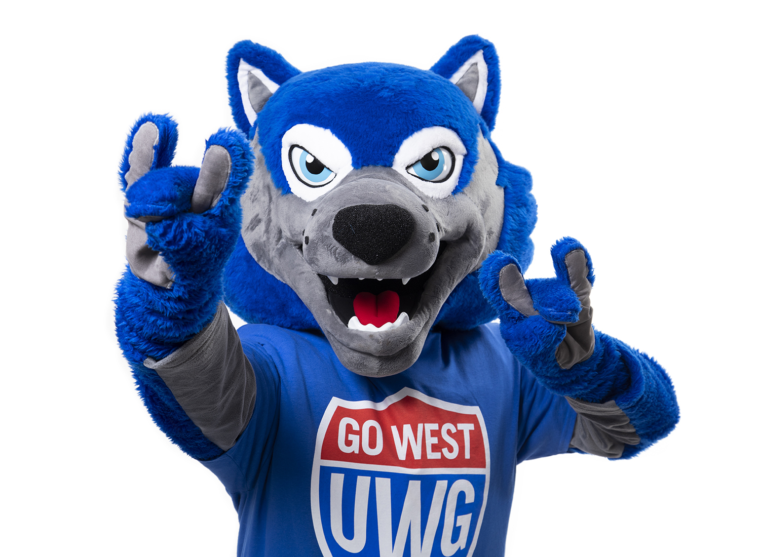 UWG mascot, Wolfie, holding up two wolf hand signs. 